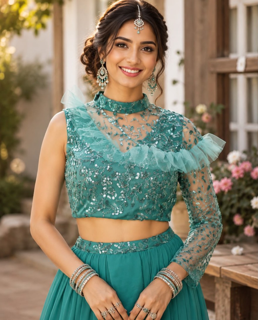 TURQUISE - Turquoise Georgette Embroidered Work Lehenga Choli
